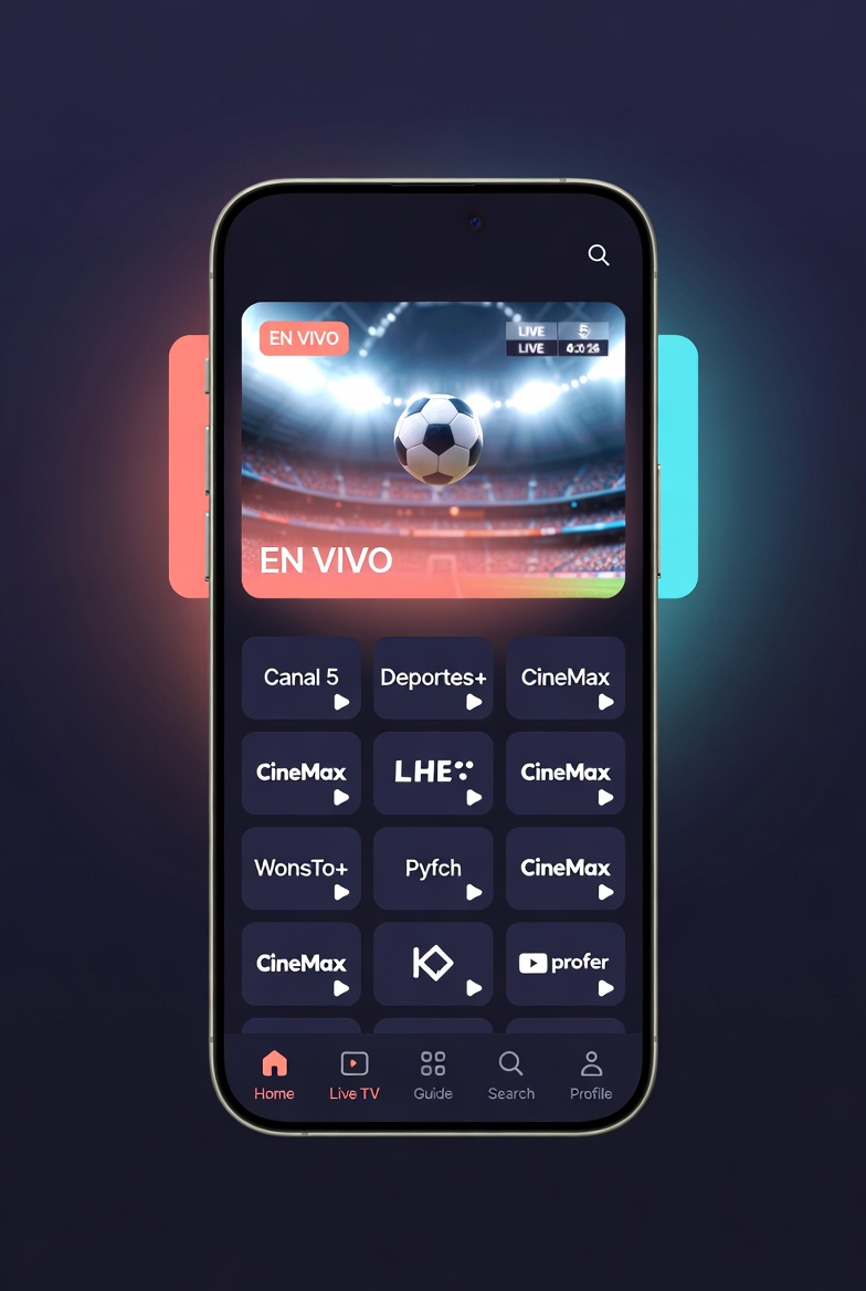 Pantalla de inicio de la app PTTV mostrando un partido en vivo y una parrilla de canales