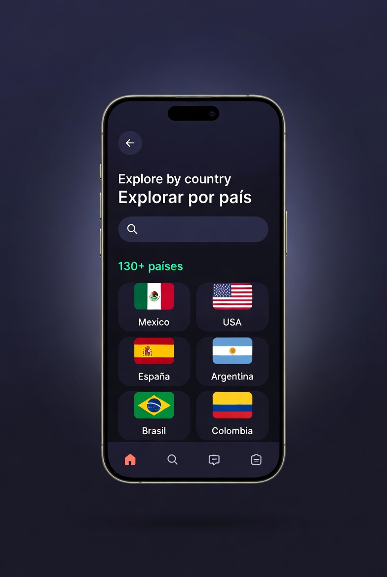 Explorar canales por país con banderas de México, España, Argentina y más